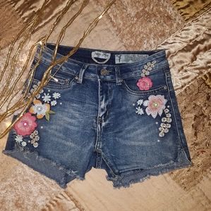 Flower print blue jean shorts